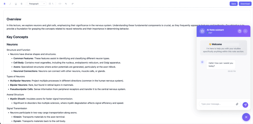 神经系统课程AI学习笔记辅导界面